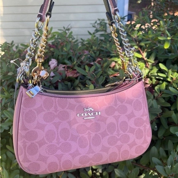 Coach Handbags - COACH Pink Signature Small Shoulder Bag with Mixed-Metal Chain